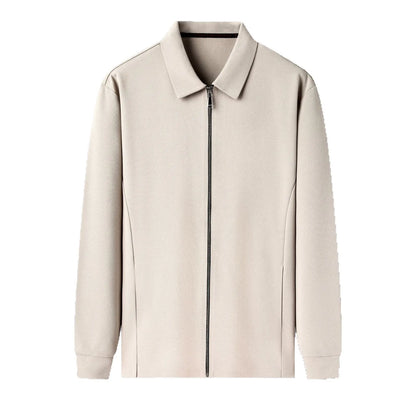 Men's jacket in black, dark grey, or apricot with straight hem and regular sleeves, showing size options from M to 3XL.