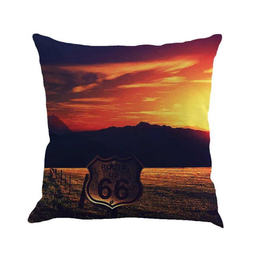 Us Route 66 linen blend cushion cover with European landscape pattern, 45x45cm dimensions, six colour options