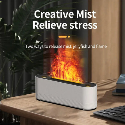 Black Flame Air ultrasonic humidifier with LED lights and mist output on wooden surface