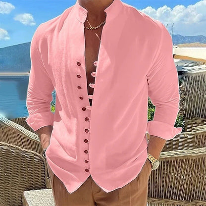 Retro-inspired button-down long-sleeve casual shirt in a variety of classic colors for men