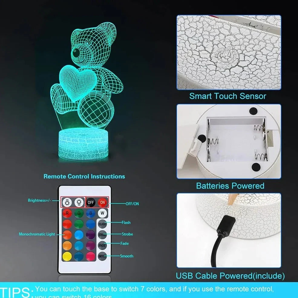 3D acrylic teddy bear LED night light with remote control showing 16 colour options and 85mm base
