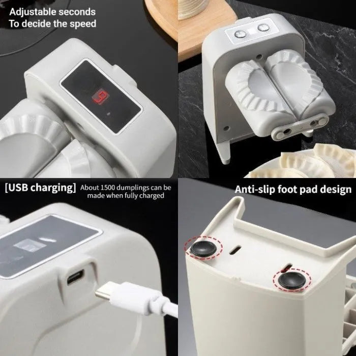 White automatic electric dumpling maker machine with USB cable, brush, and spoon.