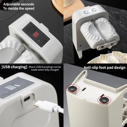 White automatic electric dumpling maker machine with USB cable, brush, and spoon.