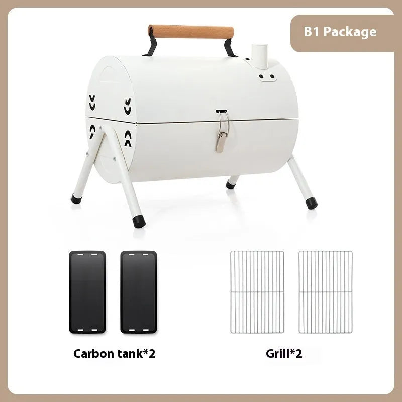 White round portable grill with chimney oven, carbon tanks, and grilled meshes for frying and baking outdoors.