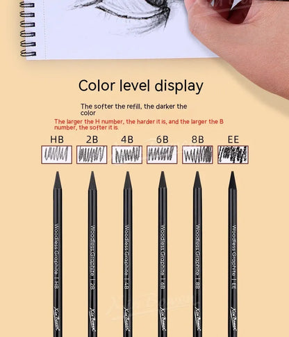 Wood-free graphite sketching pencils in six hardness grades: HB, 2B, 4B, 6B, 8B, EE with solid graphite cores