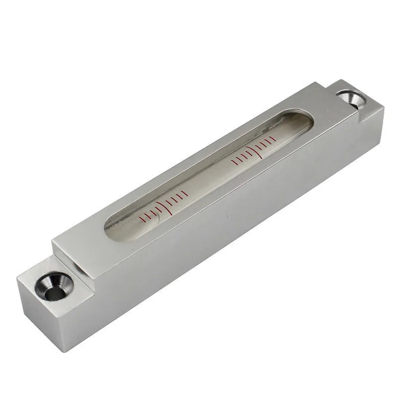 Metal and glass mini strip level showing 132mm length with clear 500 blister vial for precise measurement