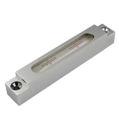 Metal and glass mini strip level showing 132mm length with clear 500 blister vial for precise measurement