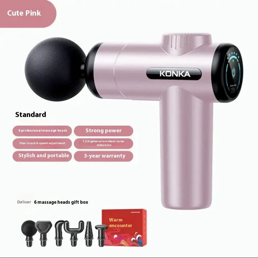Konka V19 massage gun in grey colour with 8 silicone massage heads and charging wire
