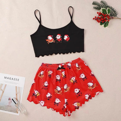 Christmas Women's Milk Silk Pajamas Set with Sleeveless Shorts in festive designs