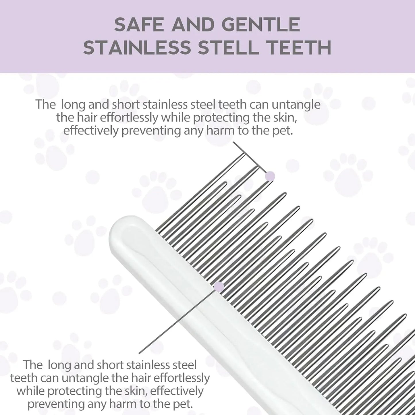 Purple detangling pet comb with stainless steel teeth for grooming dogs and cats, showing ergonomic handle.