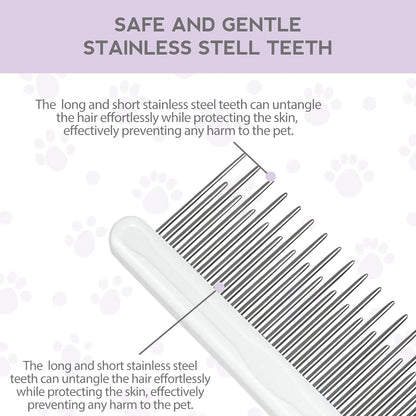 Purple detangling pet comb with stainless steel teeth for grooming dogs and cats, showing ergonomic handle.