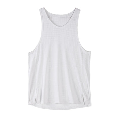Men's black nylon sleeveless sports vest on a hanger, showing casual style