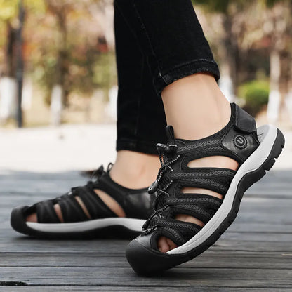 Women's black leather mesh sandals with elastic band and wide round toe box on rubber sole
