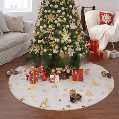 XINGX plush Christmas tree group mat with gilding snowflake designs in Christmas tree, cedar, and star styles.