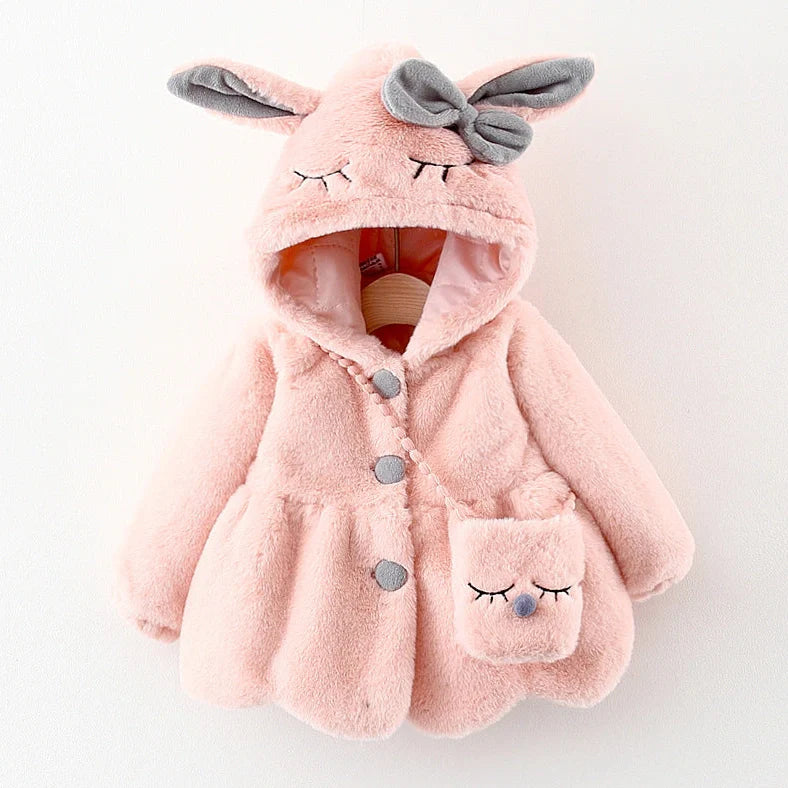 Children's furry cotton-padded coat with cartoon pattern in red colour, showing single-breasted closure and fleece lining