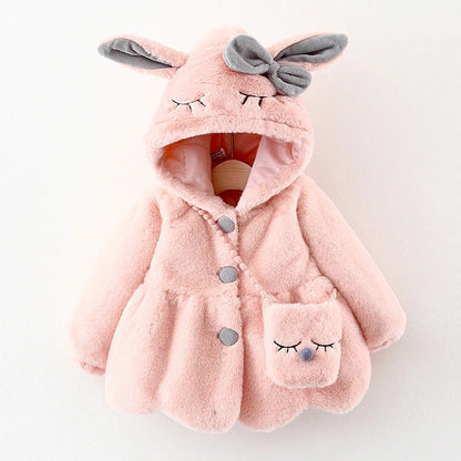 Children's furry cotton-padded coat with cartoon pattern in red colour, showing single-breasted closure and fleece lining
