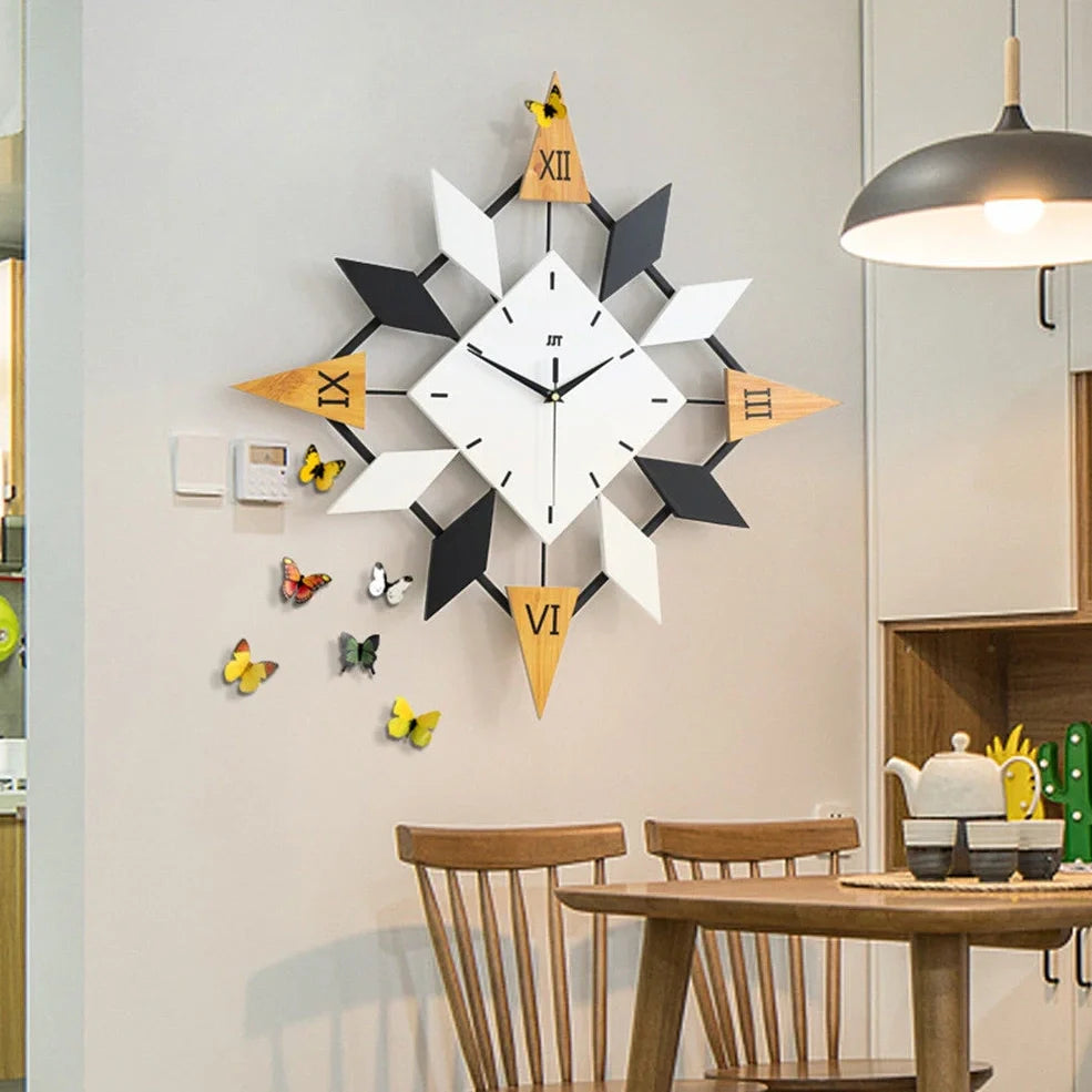 Large diamond pattern wall clock with solid wood dial measuring 60x60cm with silent movement