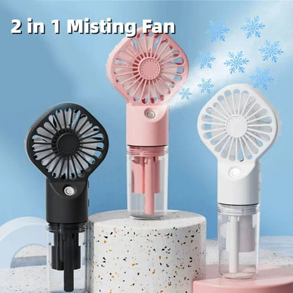 Powerful portable mist fan with four-speed settings, built-in humidifier, and compact design for convenient cooling and hydration