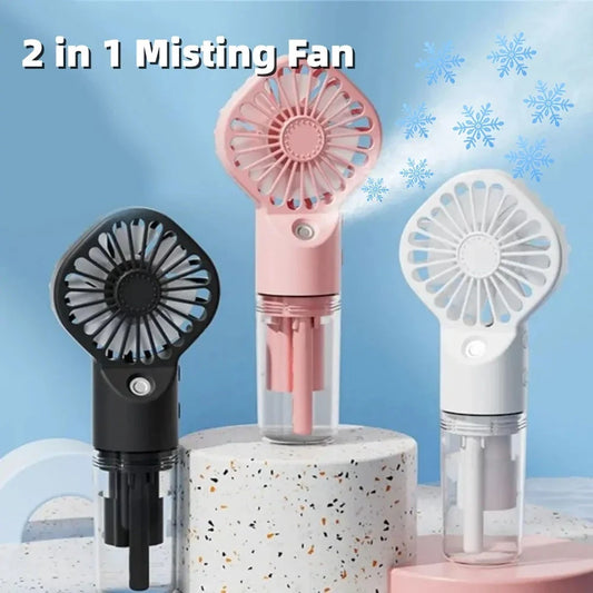 Powerful portable mist fan with four-speed settings, built-in humidifier, and compact design for convenient cooling and hydration