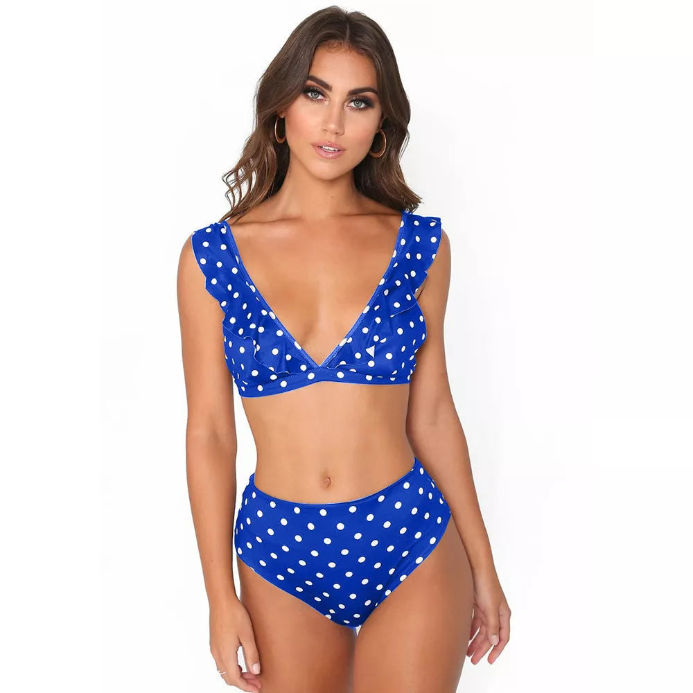 Black and white polka dot print bikini set with ruffled deep V-neck, perfect for summer beach outings