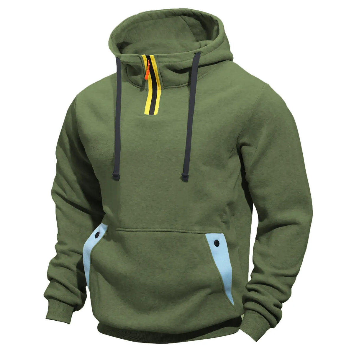 Men's loose zip pullover hoodie in solid colour polyester with size stick pocket, sizes M to XXXL