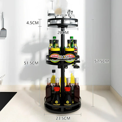Stainless steel rotating spice rack with two tiers holding 12 bottles on kitchen countertop