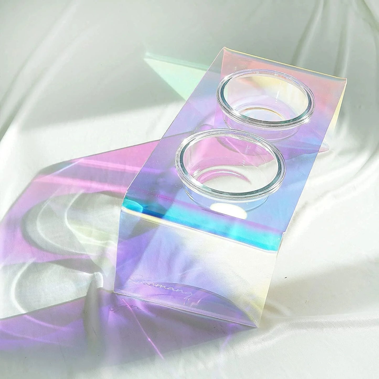 Dazzling holographic acrylic pet bowl for small dogs and cats with anti-slip base
