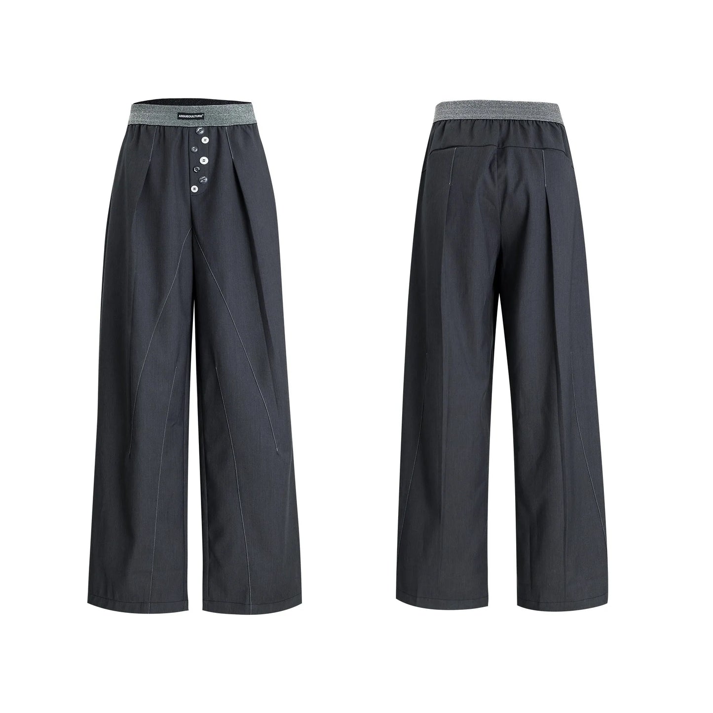 Drooping straight suit pants in black or grey with high waist and button open line design, straight-leg cut