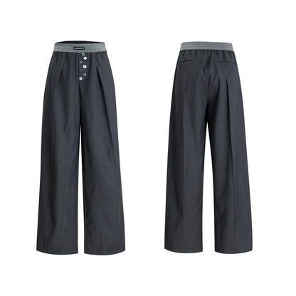 Drooping straight suit pants in black or grey with high waist and button open line design, straight-leg cut