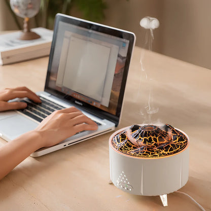 White flame aroma diffuser with Bluetooth speaker, 350ml tank, and adjustable mist output