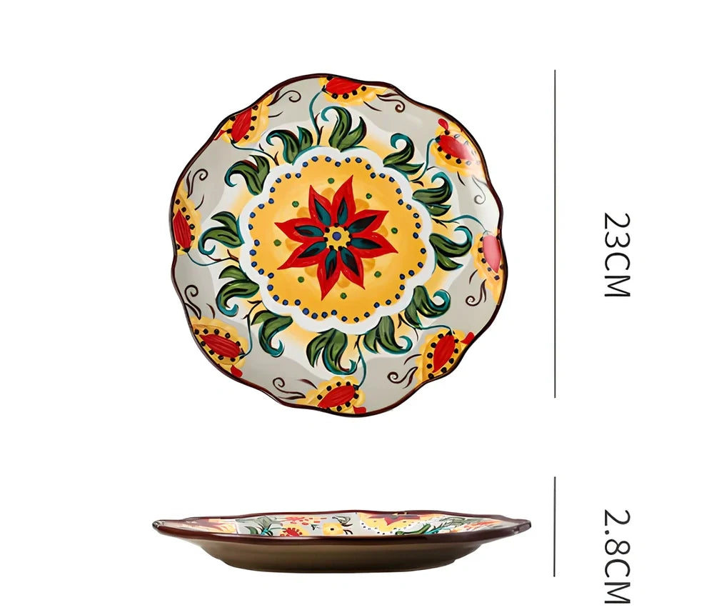 Underglaze ceramic bowl with Bohemian floral pattern in blue mandarin duck design, 8 inch diameter