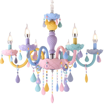 Macaron crystal glass pendant lamp with multiple heads providing bedroom illumination