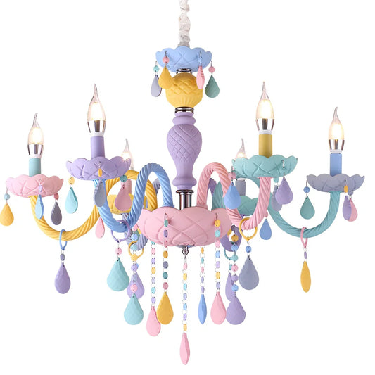 Macaron crystal glass pendant lamp with multiple heads providing bedroom illumination