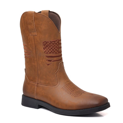 Men's brown embroidered retro wide head cowboy boots with a square toe and horseshoe heel.