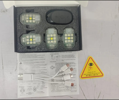 5W remote control strobe light set with four flashing lamps, ABS housing, and charging cable for vehicle modification.