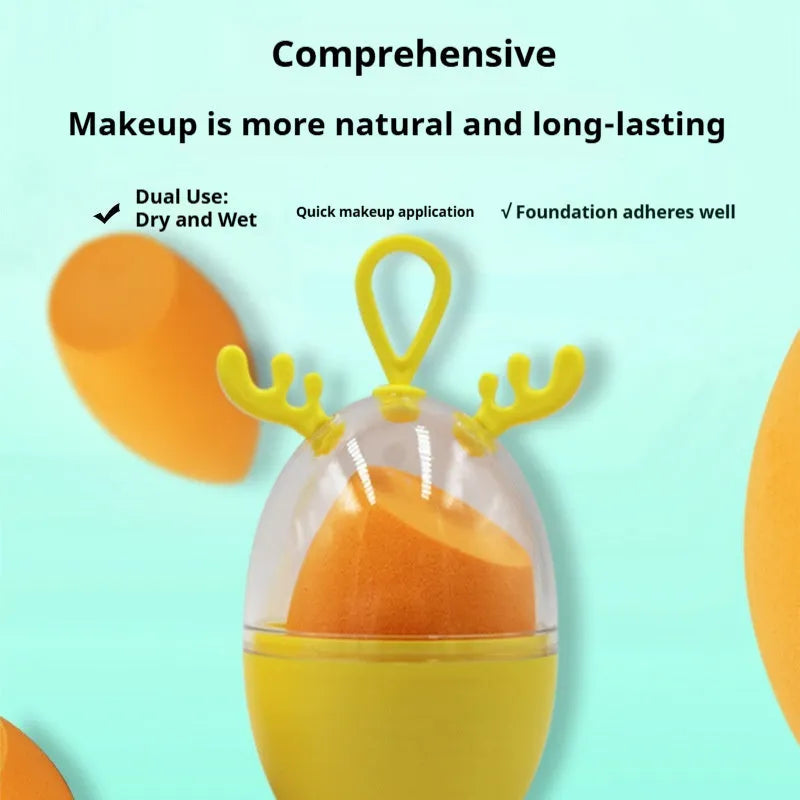 Non-latex dual-use makeup sponge in teardrop, beveled, and gourd shapes, available in ten colours