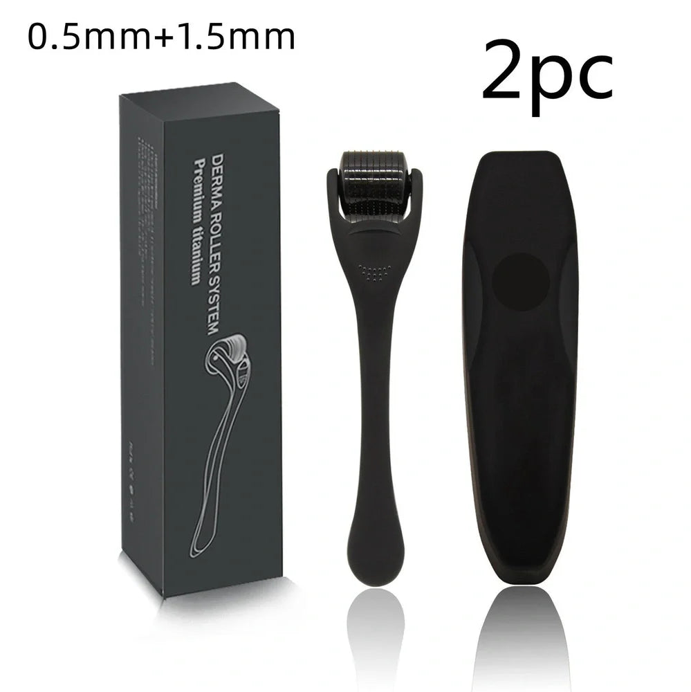 Black titanium alloy beard roller with multiple needle lengths for facial hair care