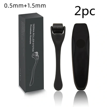 Black titanium alloy beard roller with multiple needle lengths for facial hair care