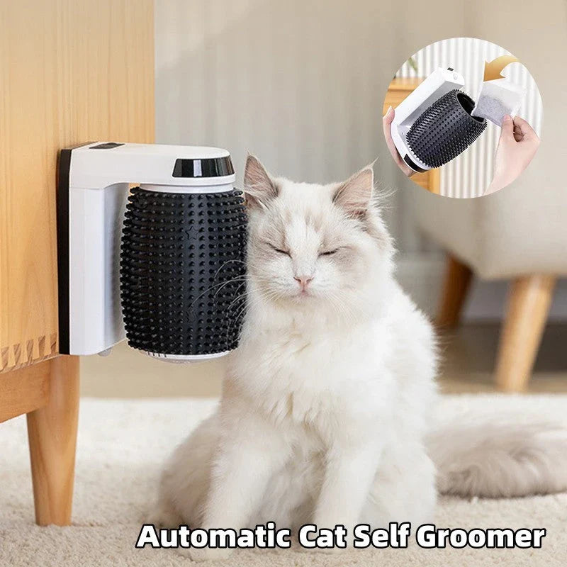 A wall-mounted, self-grooming brush for cats with soft bristles and a compact, white design.