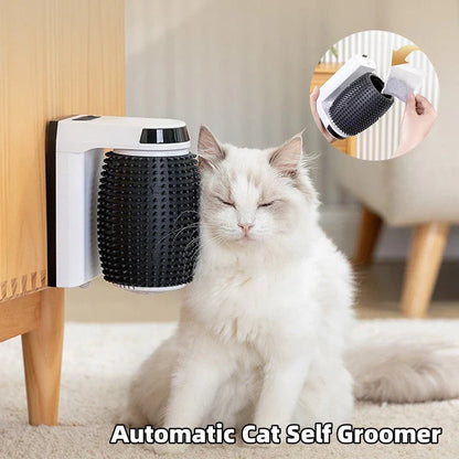 A wall-mounted, self-grooming brush for cats with soft bristles and a compact, white design.