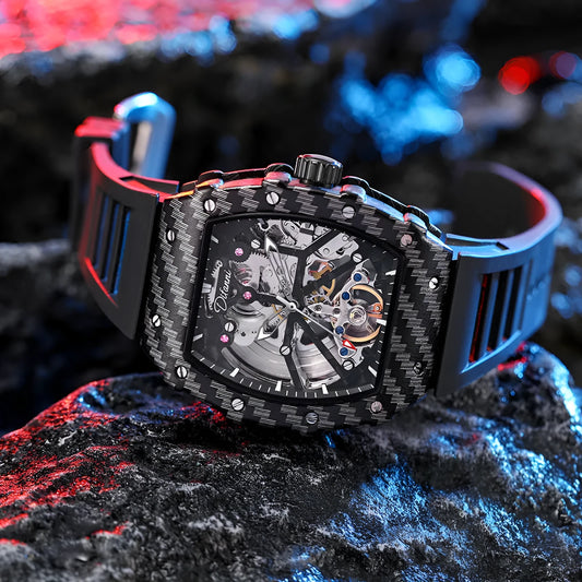 Mechanical waterproof luminous men's watch with black dial and see-through caseback on rubber strap
