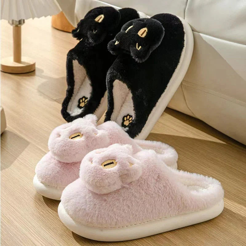 Cozy cat-themed plush slippers with soft, plush fabric and memory foam insoles for comfortable all-day wear