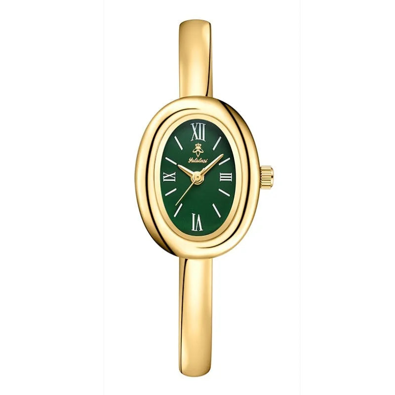 Women's oval retro quartz watch in gold colour with slim 8mm case thickness
