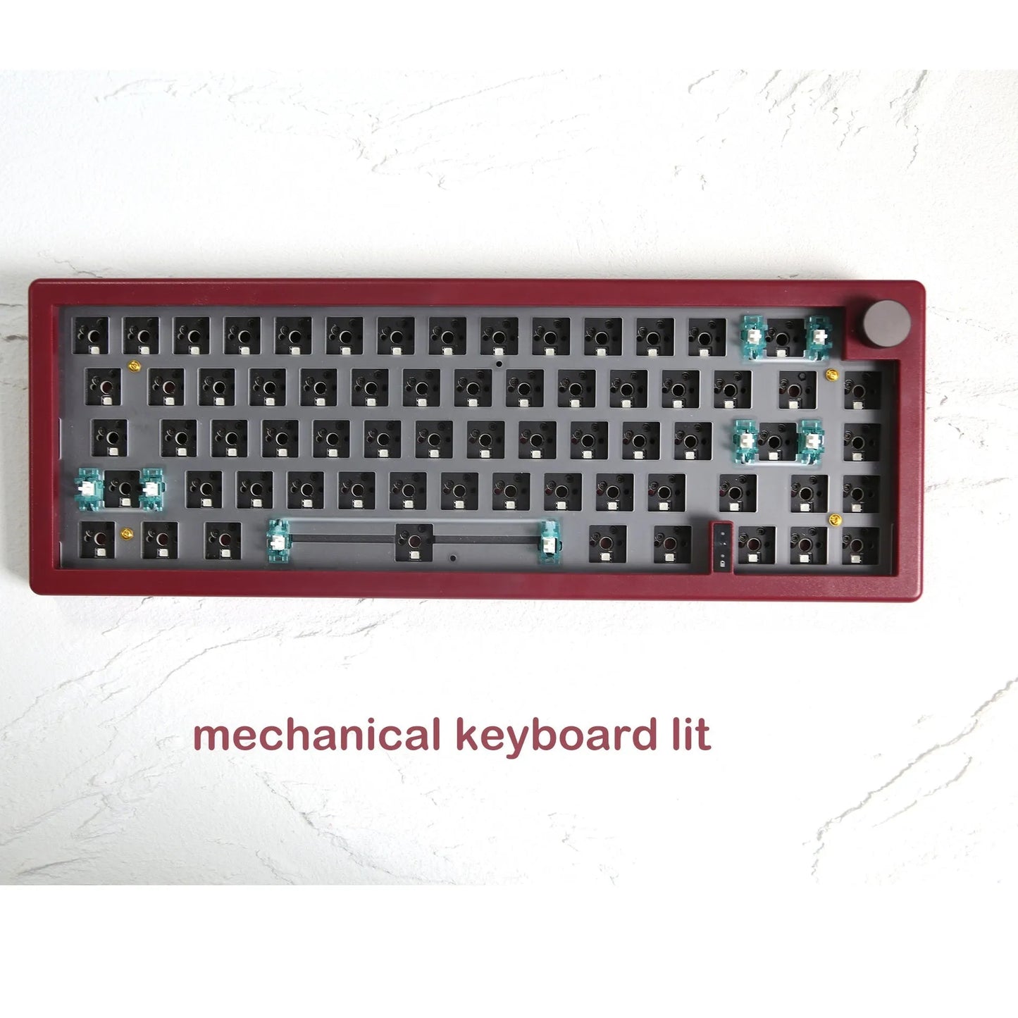 Customisable DIY mechanical keyboard kit with RGB backlighting and control knob, shown in multiple colour options