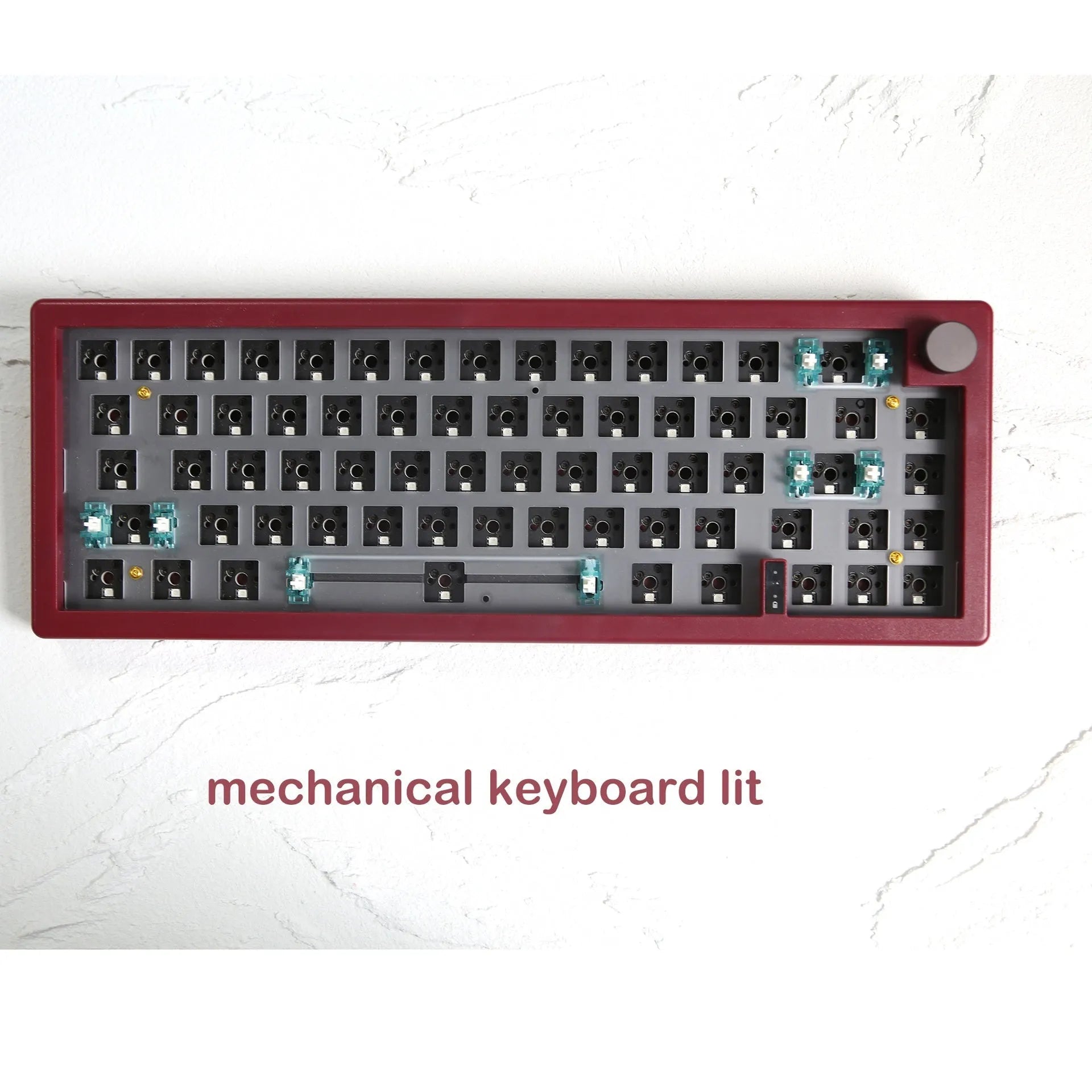 Customisable DIY mechanical keyboard kit with RGB backlighting and control knob, shown in multiple colour options