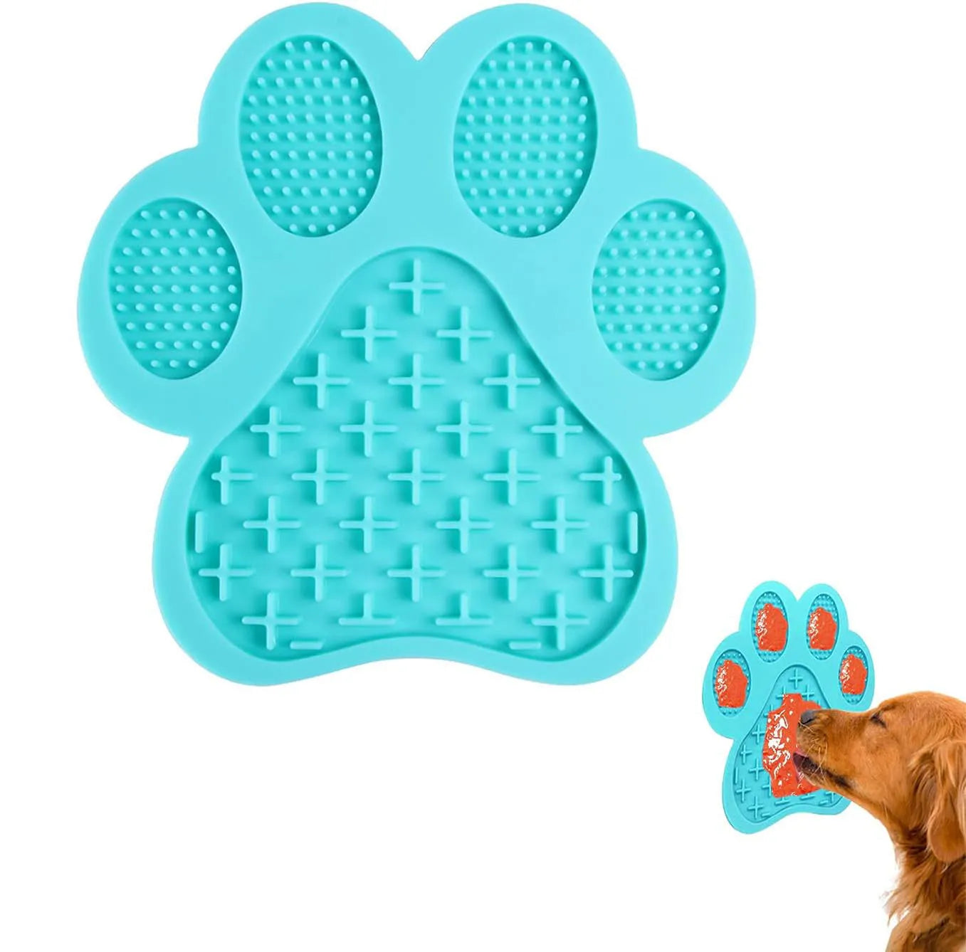 Blue bone-shaped dog licking mat with suction cups on a smooth surface, measuring 18x18cm