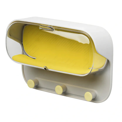 Grey punch-free bathroom wall holder, 17.1cm long with transparent lid for glasses storage