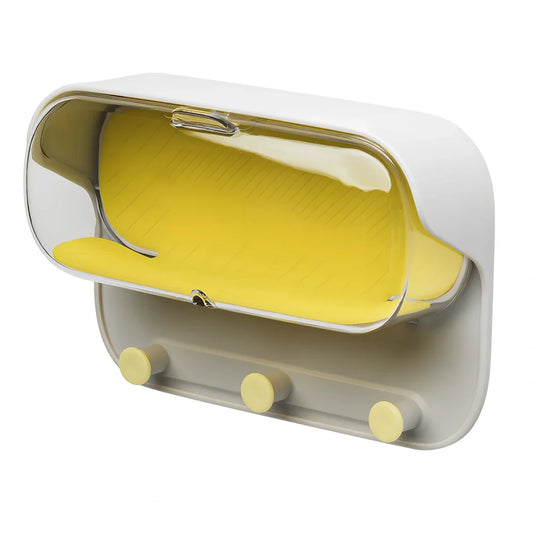 Grey punch-free bathroom wall holder, 17.1cm long with transparent lid for glasses storage