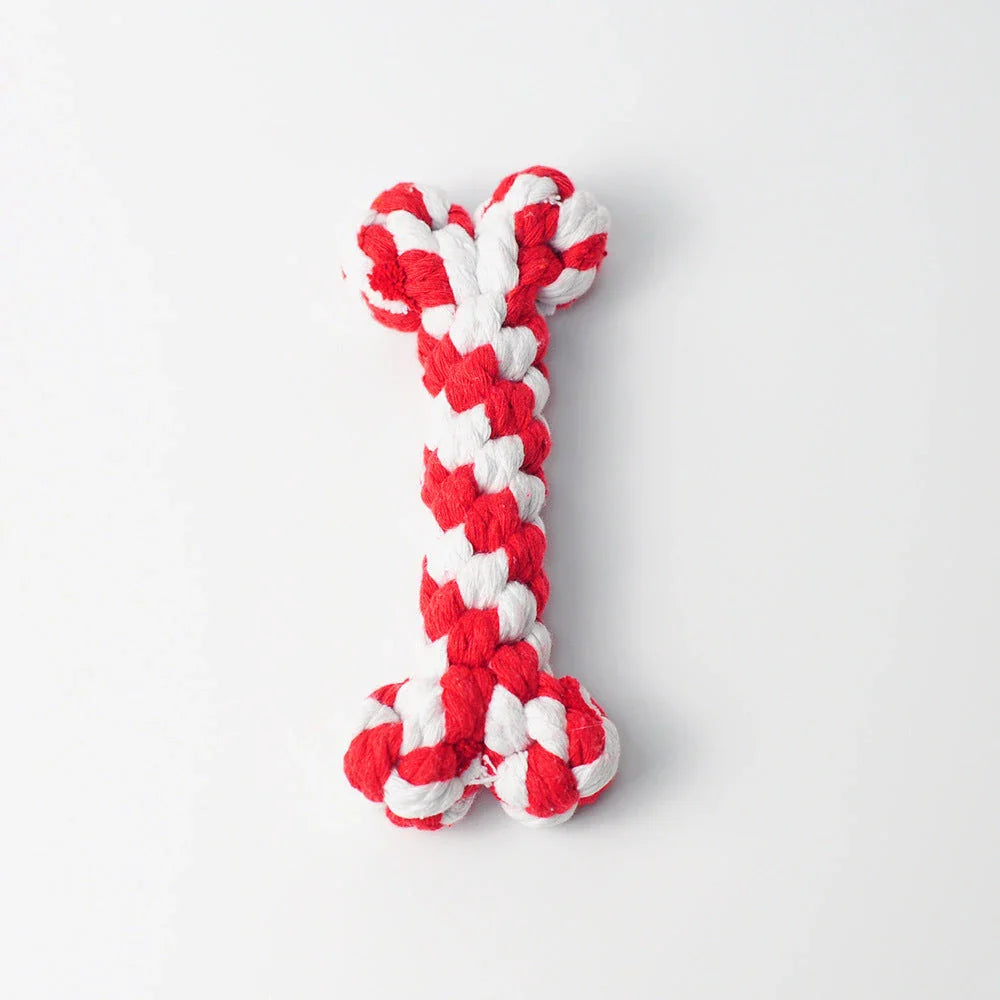 Premium cotton rope chew toys for dogs and puppies in various shapes and colors, including bones, hearts, and chicken thighs