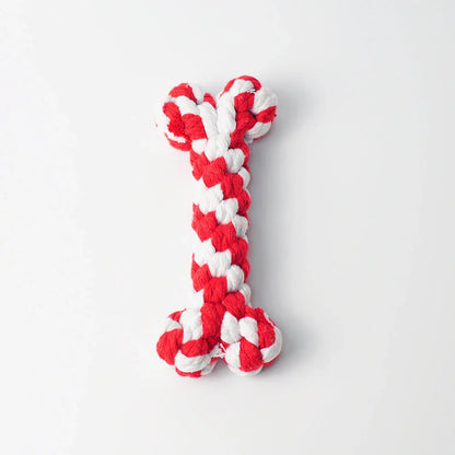 Premium cotton rope chew toys for dogs and puppies in various shapes and colors, including bones, hearts, and chicken thighs